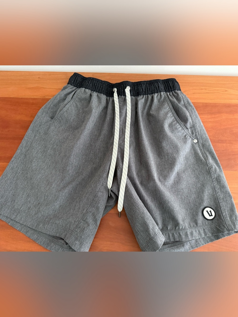 Vuori Gray Athletic Shorts with Black Waistband and White Drawcords